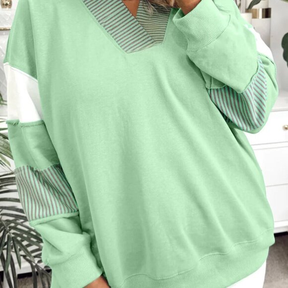Moonlight Jade Color block Striped Patchwork Collar V Neck Plus Size Sweatshirt - Picture 2 of 10